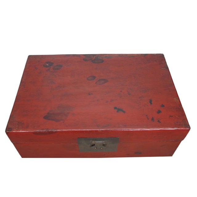 Red 31" Inch Long Antique Red Leather Accent Trunk Table For Sale In Greensboro - Image 6 of 12