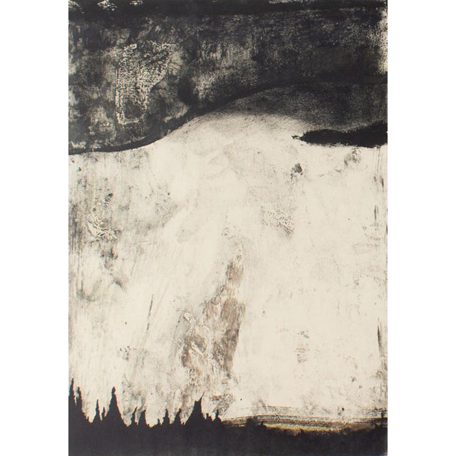 A 1985 monoprint by the American artist Joan Farrar. Titled "Bird," the print features an abstract design in black and...