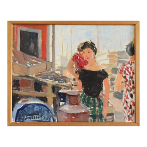 Mid-Century Modern 'At the Market' Vintage Swedish Expressive Original Figurative Oil Painting, Framed