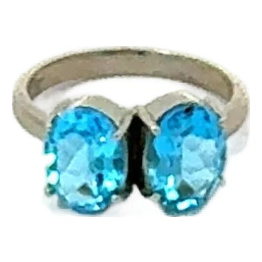 Mid-Century Modern 5.57 Carats Blue Topaz Twin Ring in Sterling Silver - Size 7 For Sale