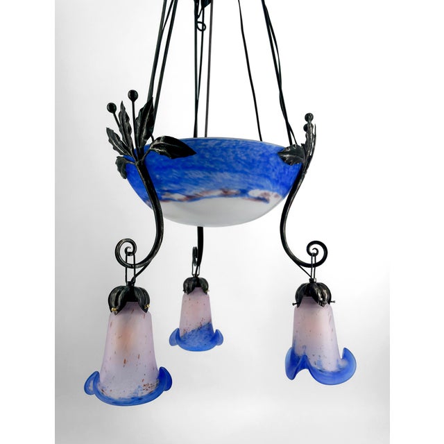 Metal Art Deco Wrought Iron Chandelier with Blue Blown Glass, France For Sale - Image 7 of 12