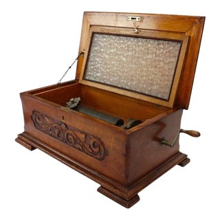 Jackpot Carved Oak & Glass Cylinder Music Box Signed 19thC For Sale