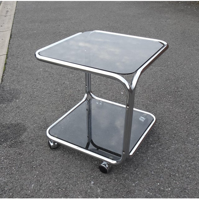 Vintage Italian Chrome and Smoked Glass Rolling Side Table, 1970s For Sale - Image 10 of 15