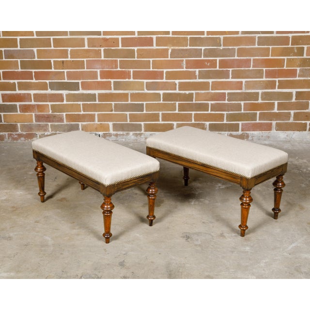 Pair of English 19th Century Oak Stools with Turned Legs and Custom Upholstery For Sale - Image 11 of 12