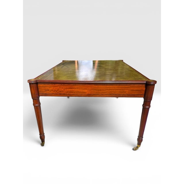 Olive Vintage Baker Furniture Mahogany & Tooled Leather Partner's Writing Desk – "Crown & Tulip" Era For Sale - Image 8 of 12
