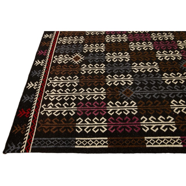 Modern Soumak Handmade Geometric Designed Brown Wool Rug For Sale - Image 4 of 11