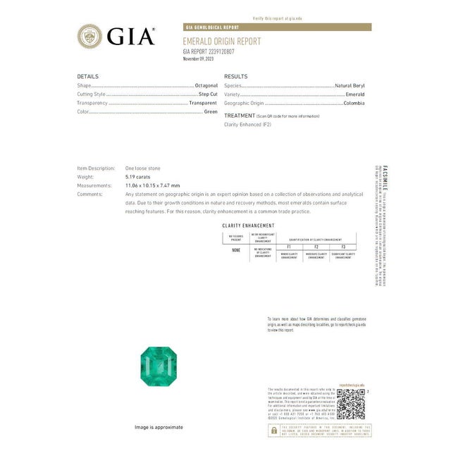 Gia 18k (750) White Gold Natural Colombian Emerald and Natural Diamond Ring, Size 6 For Sale - Image 12 of 12