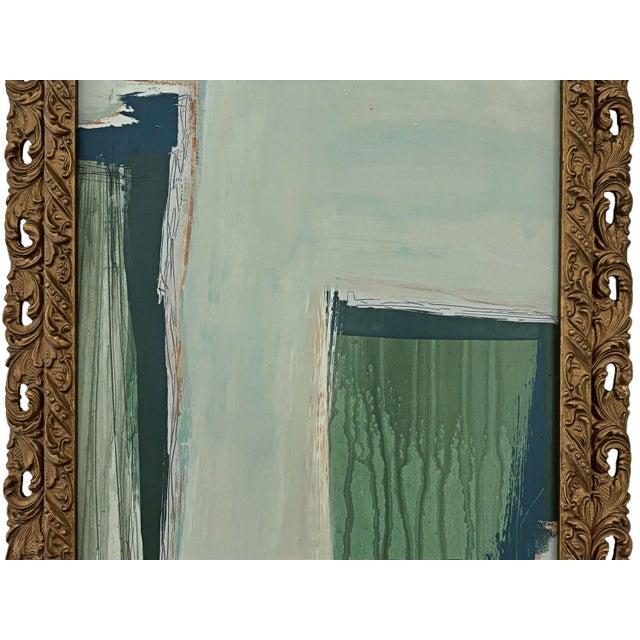“Seahorse" Green Abstract Art in Vintage Frame, Transitional Living Room Art by JTS For Sale - Image 4 of 10