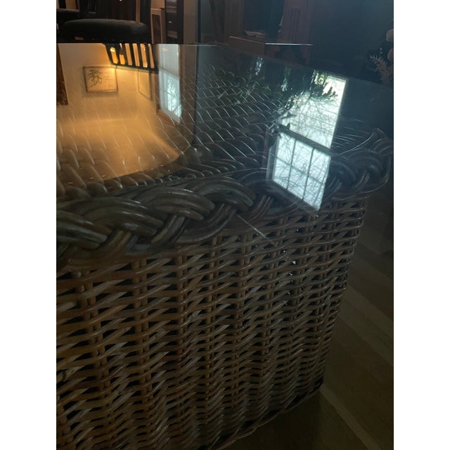 Large Wicker & Glass Coffee Table – 42" Square Coastal Rattan Base With Thick Glass Top For Sale - Image 10 of 11
