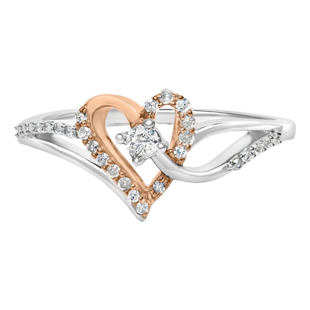 10K Rose Gold Plated .925 Sterling Silver 1/5 Cttw Diamond Two Tone Open Heart Promise or Fashion Ring (I-J Color, I2-I3 Clarity) - Size 8 For Sale