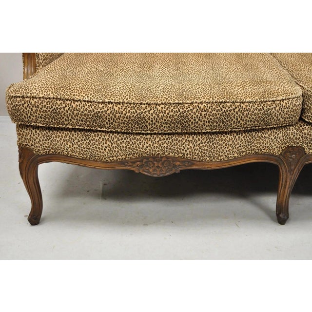 Vintage French Country Louis XV Carved Walnut Cheetah Print Wingback Sofa Settee For Sale - Image 4 of 12