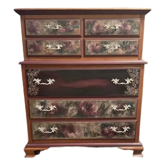 Vintage Kling Solid Cherry Hand-Painted Tallboy | Tall Chest of Drawers For Sale