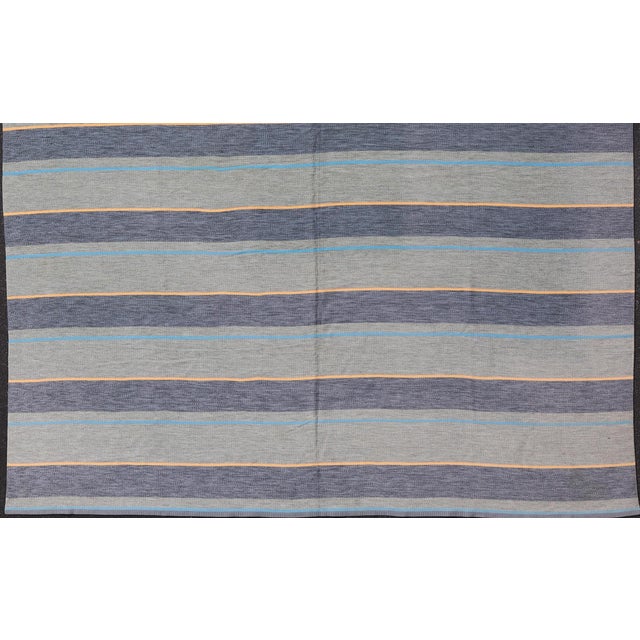 Mid-Century Modern Large Square Scandinavian Flat Weave Rug in Gray, Blue, and Soft Yellow For Sale - Image 3 of 12