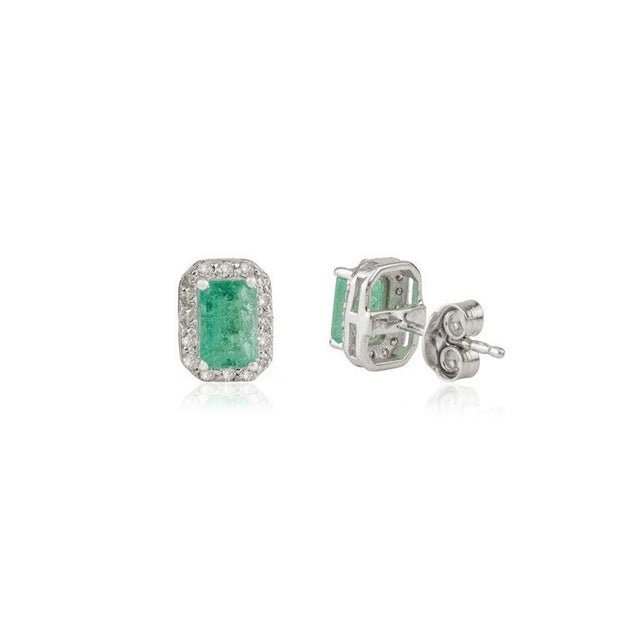 Not Yet Made - Made To Order 1.13 Carat Octagon Cut Emerald & Halo Diamond Stud Earrings- 2 Pieces For Sale - Image 5 of 11