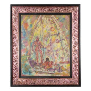 Sirio Pellegrini, Sailors, Pastel on Cardboard, 1975 For Sale