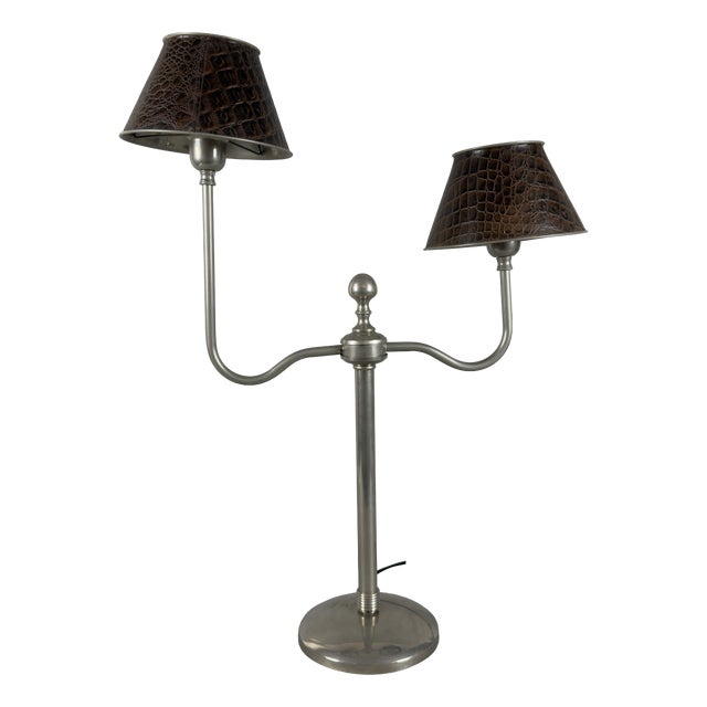 Table Lamp in Metal and Brown Leather, 1970s For Sale