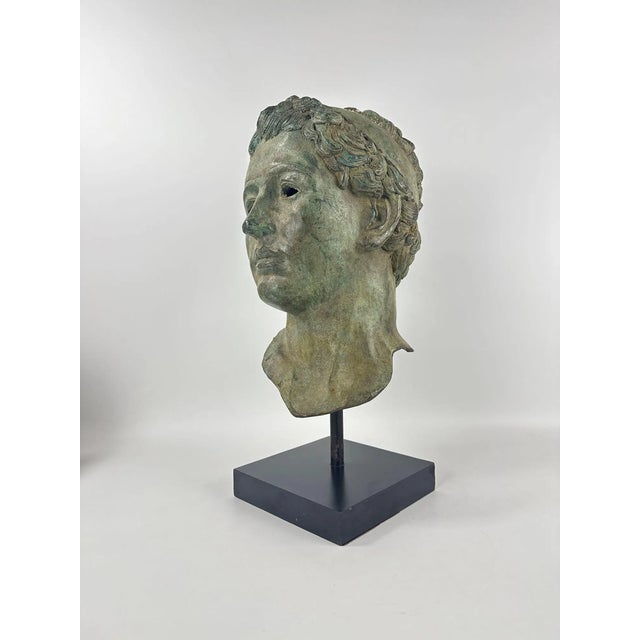 Large Classical Hollow Cast Bronze Male Head Sculpture on Custom Museum Stand For Sale - Image 4 of 10