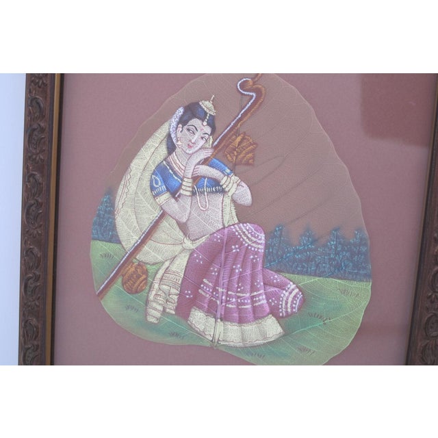 Indian Hand Painted Peepal Fig Leaf Painting of Female Musician Framed For Sale - Image 4 of 6