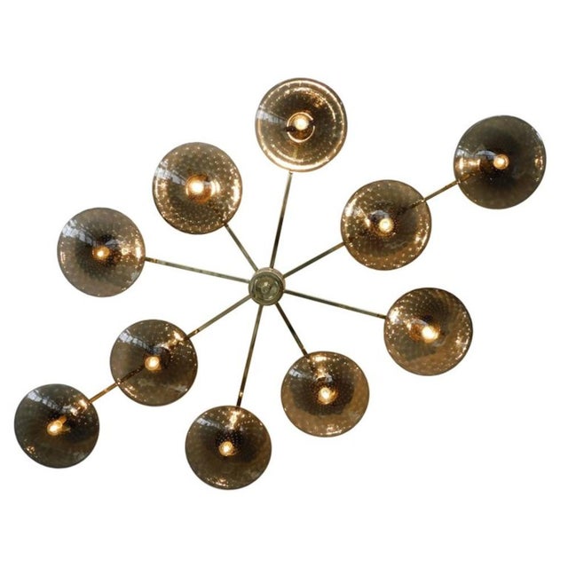 Italian midcentury flush mount with ten smoky Murano glass shades carefully hand blown with bubbles inside the glass using...