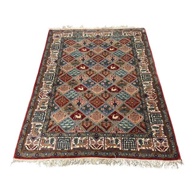 4ft 7in × 6ft 10in Persian Bakhtiari-Style Kheshti Garden Panel Wool Rug, Vintage For Sale