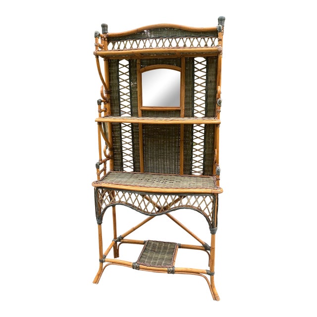 Early 20th Century Aesthetic Movement Coastal Bamboo and Wicker Etagere With Mirror For Sale
