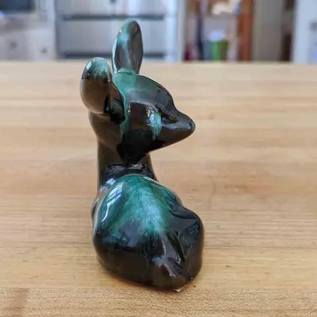 Mid 20th Century Blue Mountain Pottery Drip Glaze Blue, Green & Brown Redware Fawn Figurine For Sale - Image 9 of 12