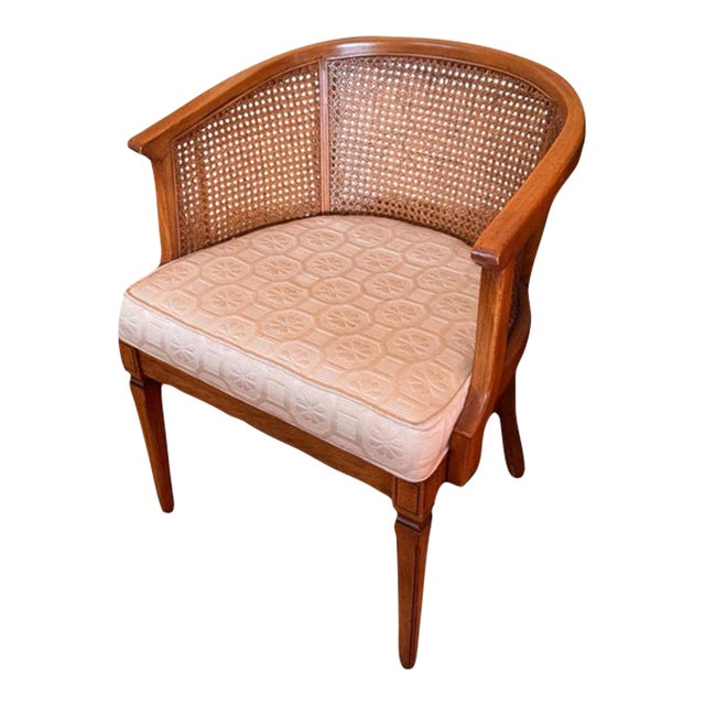 1970s Regency Style Cane Back Tub Chair With White Patterned Upholstery For Sale
