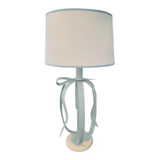 Vintage Painted Baby Blue White Iron Travertine Ribbon Bow Lamp Philip Johnson Style Table Lamp For Sale