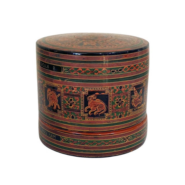 Vintage Burmese Asian Lacquer Wood Hand Painted Betel Box 5" H For Sale - Image 11 of 11