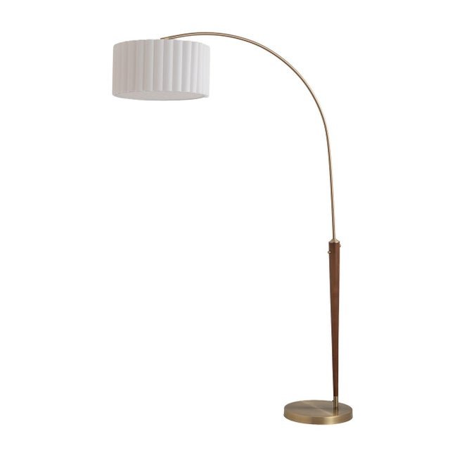 1970s Nova of California 1970s Walnut Scalloped Arc Floor Lamp - Weathered Brass, White Linen, Diffuser, Dimmer For Sale - Image 5 of 7