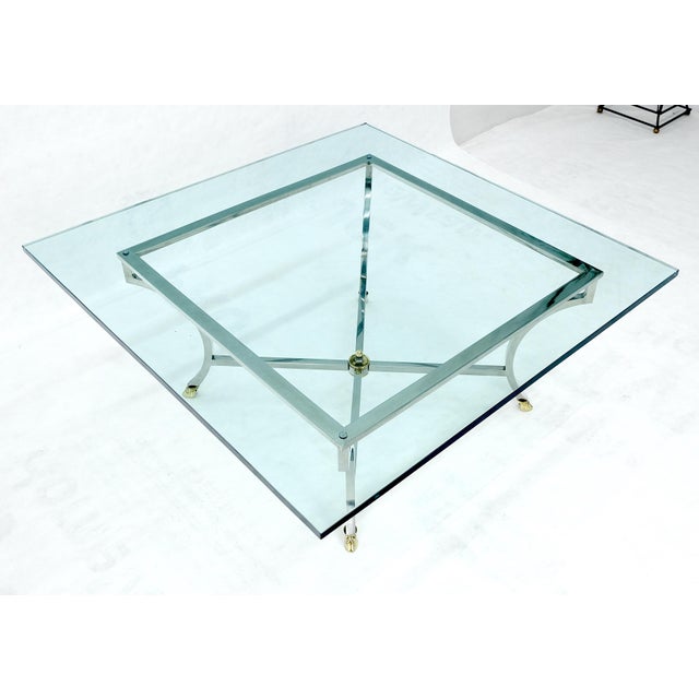 Maison Jansen Brass hoof Feet 40x40 3/4" Square Glass Top Chrome Base Coffee Table Italy MINT For Sale - Image 4 of 16