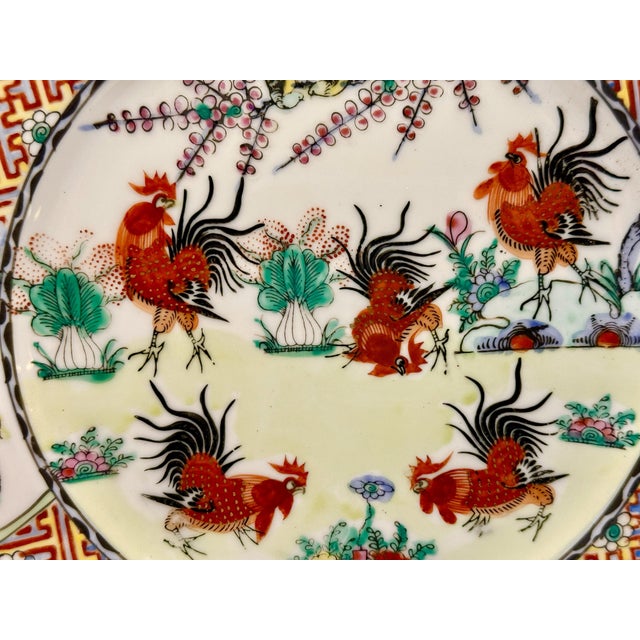 1960s Vintage Chinese Hand Painted Gold Gilded Porcelain Plates W/ Roosters - A Pair For Sale - Image 5 of 15