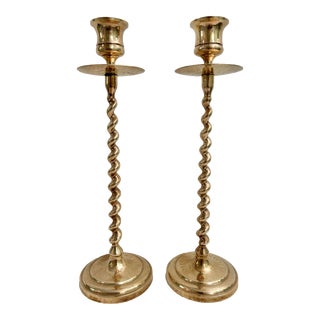 Mid - Late 20th Century Brass English Barley Twist Candlestick Holders - a Pair For Sale