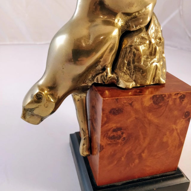 Wood Vintage Brass Mountain Lion Sculpture For Sale - Image 7 of 11