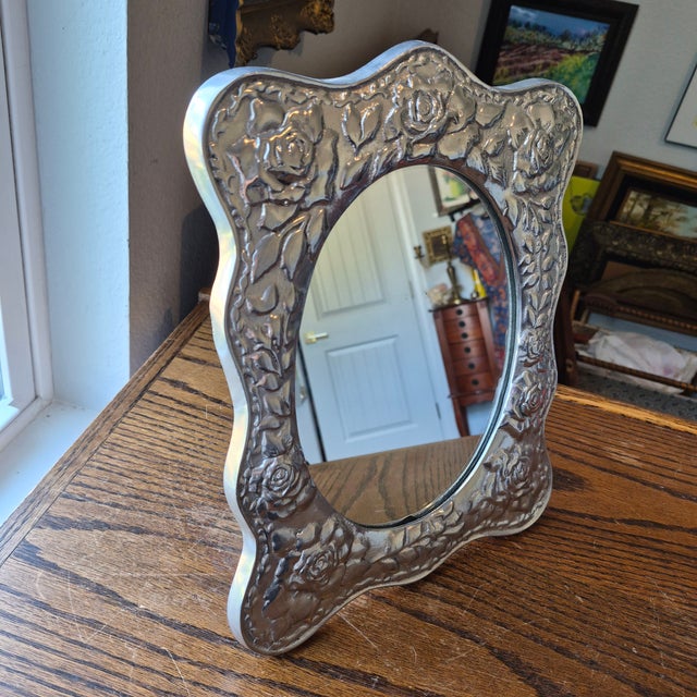 1990s Handcrafted Mexican Pewter Ornate Elegant Tabletop Mirror Folk Art 12x10" Roses For Sale - Image 15 of 16