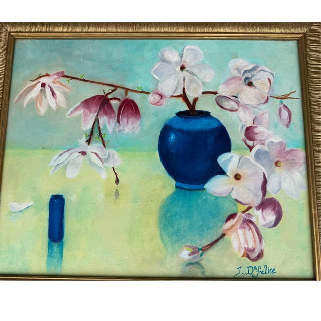 Art Deco Vintage Oil Painting Floral Still Life Orchids in Vase For Sale - Image 3 of 8