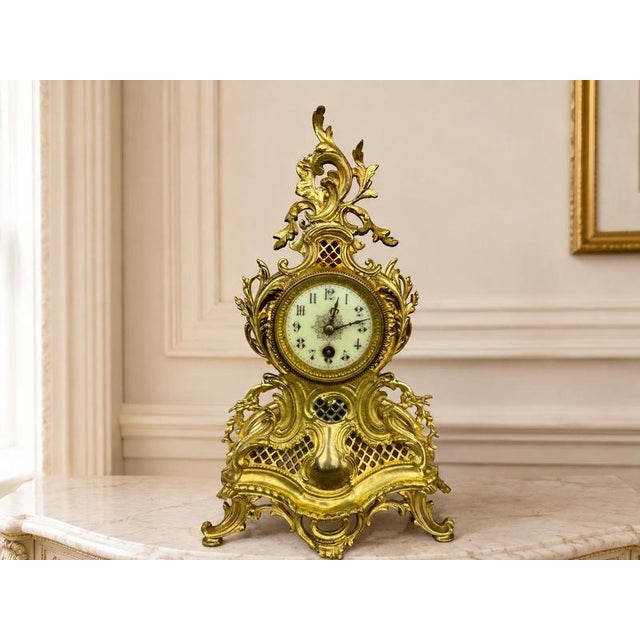 French Ornate Brass Mantel Clock with Key For Sale - Image 16 of 16