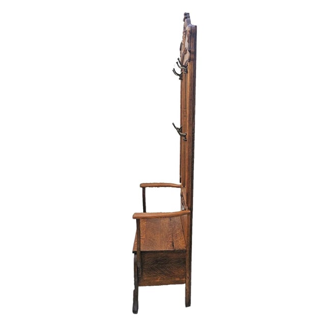 1900 - 1909 Antique American Tiger Oak Hall Tree With Carved Crest, Beveled Mirror & Storage Bench, C. 1900 For Sale - Image 5 of 18