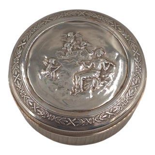Antique Silver Repoussé Round Trinket Box by Frainier - Cherub & Musician Motif - Circa 1900 - 3" For Sale