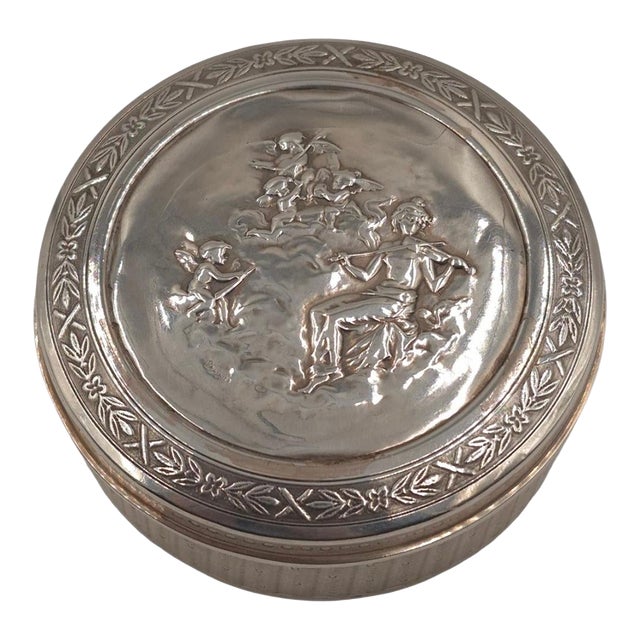Antique Silver Repoussé Round Trinket Box by Frainier - Cherub & Musician Motif - Circa 1900 - 3" For Sale