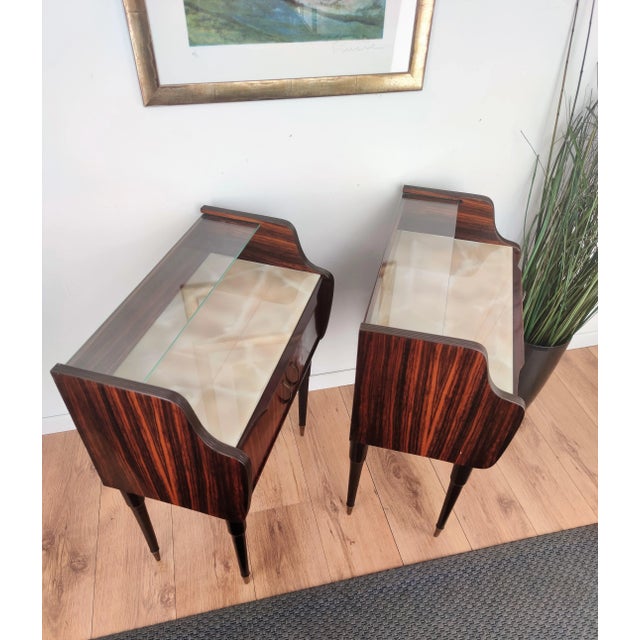 Mid Century Italian Art Deco Wood Brass and Glass Nightstands Bedside Tables, Set of 2 For Sale - Image 3 of 7