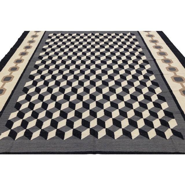 Modernist Navajo Style Geometric Flatweave Wool Rug With Optical Cube Pattern For Sale - Image 10 of 12