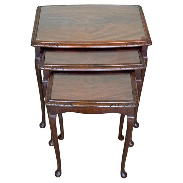 Early 20th Century Set of Three Mahogany Nesting tables with Glass Top For Sale - Image 9 of 18