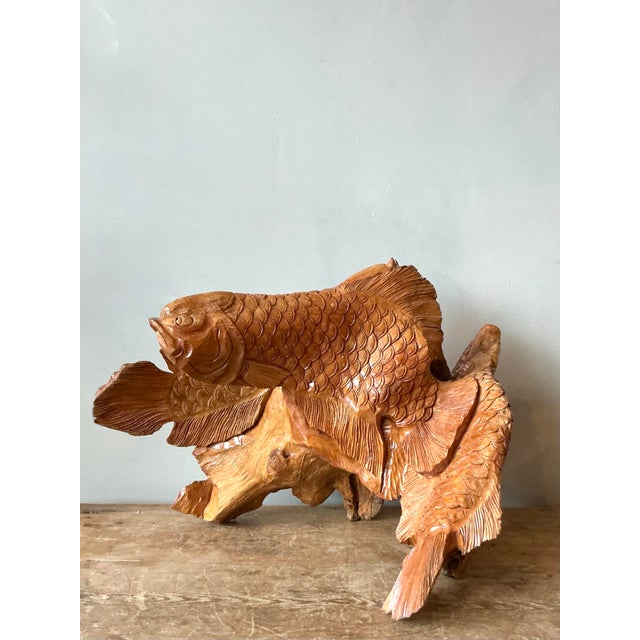 Late 20th Century Vintage Boho Carved Trunk Koi Sculpture For Sale - Image 5 of 8