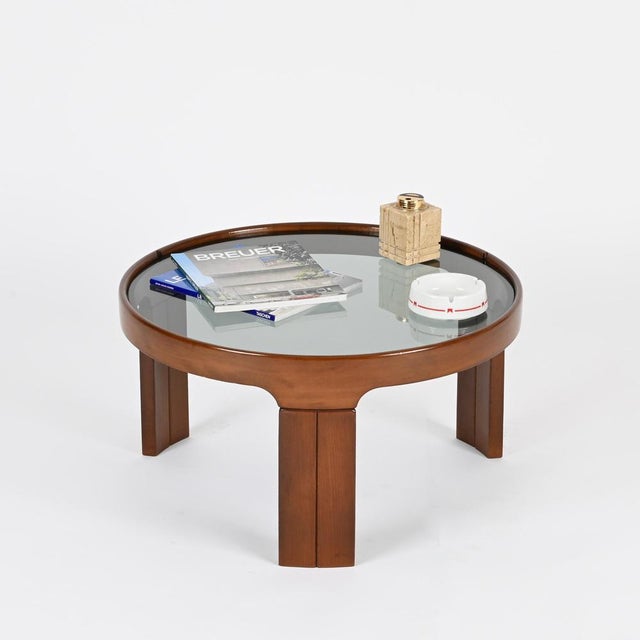 Glass Italian Round Coffee Table in Walnut with Smoked Glass Top from Molteni, 1960s For Sale - Image 7 of 14