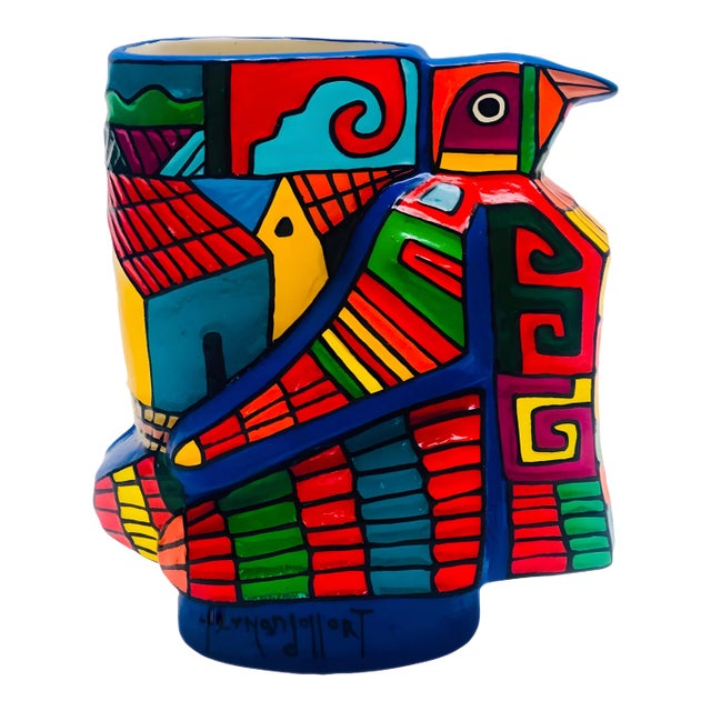 Sale Ferdinand Llort Vintage Mid-Century Modern Colorful Hand Painted & Signed Folk Art Pottery Bird Vase El Salvador #2 For Sale