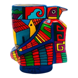 Sale Ferdinand Llort Vintage Mid-Century Modern Colorful Hand Painted & Signed Folk Art Pottery Bird Vase El Salvador #2