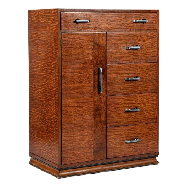 Art Deco Tiger Wood Dresser Cabinet, Vintage Streamline Modern 1940s For Sale