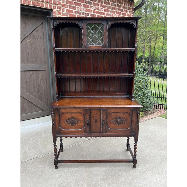 CHARMING Antique English Oak Jacobean Barley Twist Plate Dresser, Sideboard, Hutch Cabinet, Server or Buffet c. 1920s...