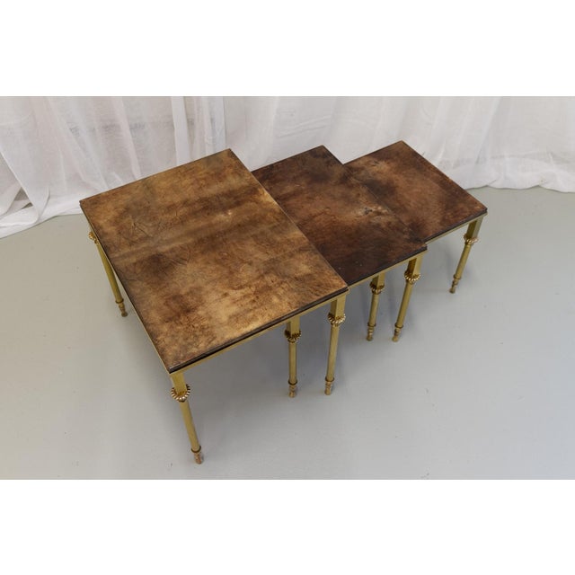 Mid-Century Italian Brass and Goatskin Side Tables by Aldo Tura, 1960s. Set of 3. Set of three amazing and unique Italian...